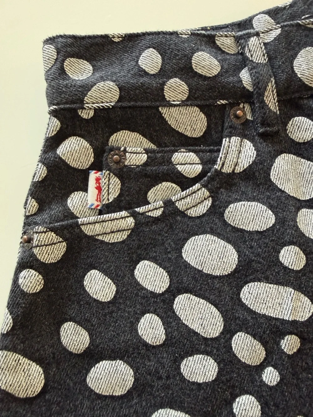 Marc Jacobs Black and White Polka Dot Denim Skirt with Leather Logo Patch - Picture 7 of 11